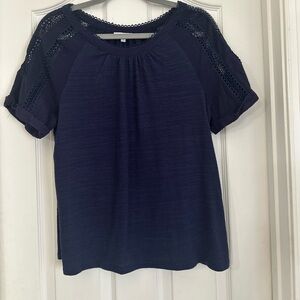 Chic Navy Women's Blouse with Lace Accents